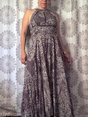 Halter Neck Floral Print Maxi Dress in Gray and White